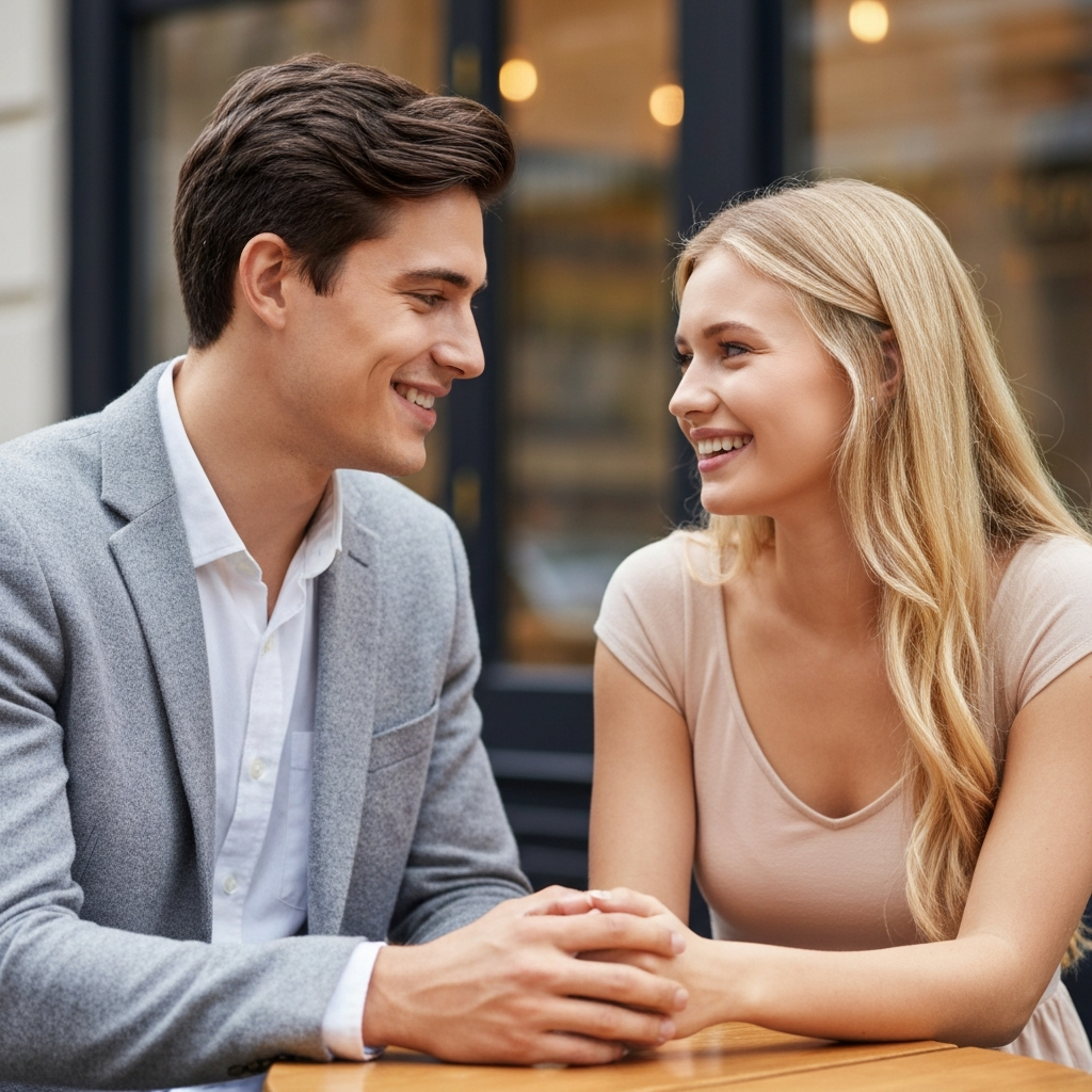 Couple souriant lors d'un rendez-vous, illustrant une séduction naturelle et respectueuse